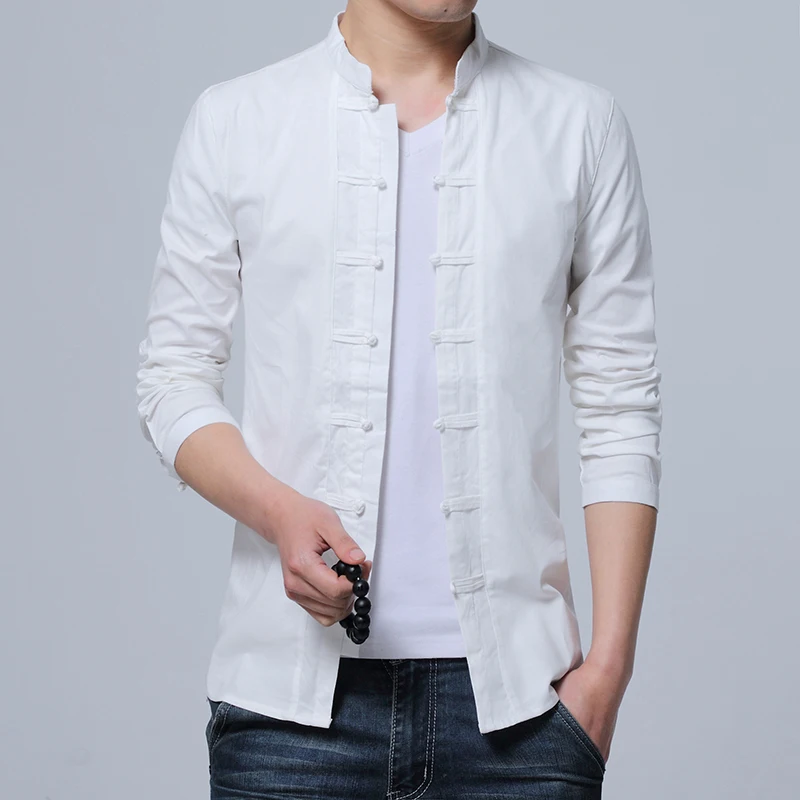 

2018 Chinese Style Retro Pure Color Men Long Sleeve Shirts S M XL 3XL White black green Slim Autumn Fashion Men's Casual Shirt