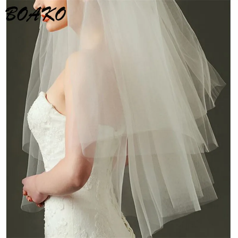 BOAKO Simple Two Layers Short Tulle Cut Edge White Wedding Veils 2019 Cheap Mariage Wedding Accessories Bridal Veil with Comb