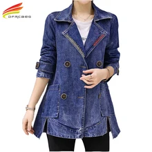 Новинка, женское джинсовое пальто больших размеров, двубортная джинсовая куртка с длинным рукавом, Женская Модная Джинсовая Верхняя одежда, пальто для женщин