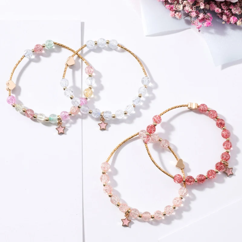 

1 Pcs Women Pink Beads Bracelets Five-pointed Star Pendant Decor Bangle @M23