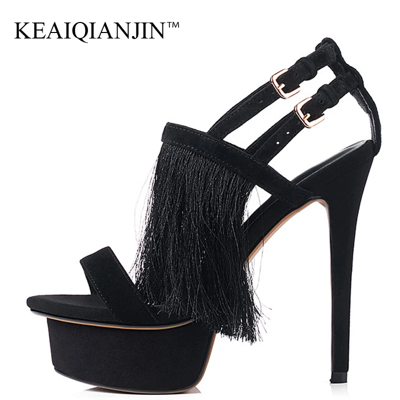 

KEAIQIANJIN Women Fringe High Heels Sandals Plus Size Genuine Leather Peep Toe Shoes Sexy Black Open Toe Heels Platform Sandals