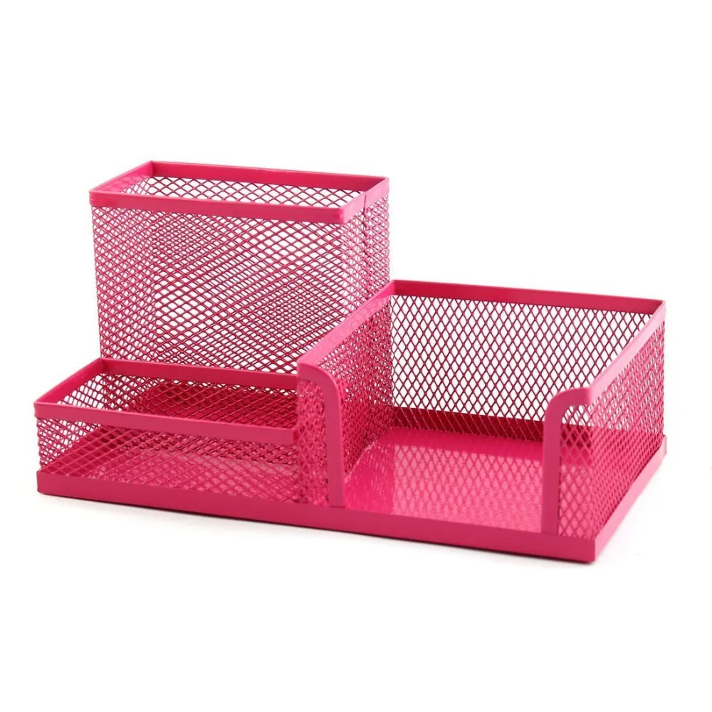 

Students Office Desk Mesh Style 3 Compartments Metal Pen Holder Office Desk Organizers (Rose red)