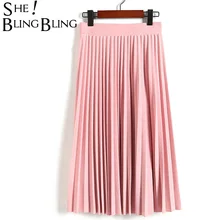 SheBlingBling весна осень модные женские Высокая талия плиссированные сплошной цвет Половина Длина эластичная юбка Акции Леди Черный Розовый