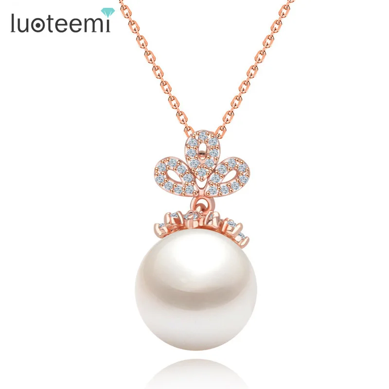 

LUOTEEMI Imitation Pearl Necklaces&Pendants With Shining Flower Leaf CZ Rose Gold-Color Jewelry Accessories For Women Wedding