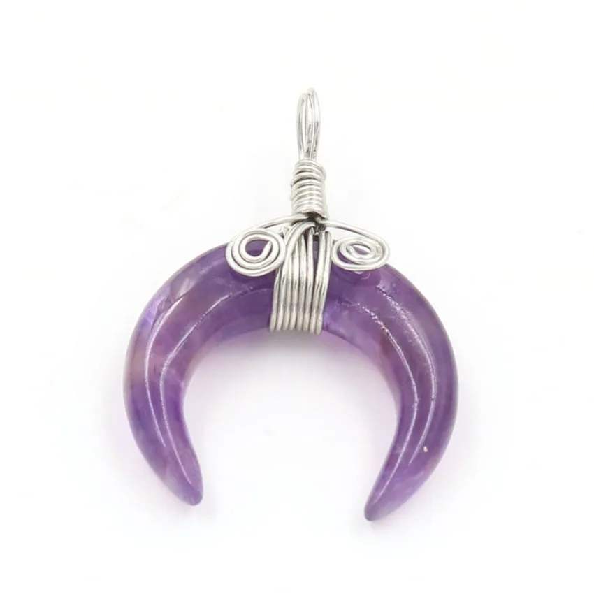 

YJXP Silver Plated Wire Wrap Crescent Moon Natural Purple Amethysts Pendant Classic Style Jewelry