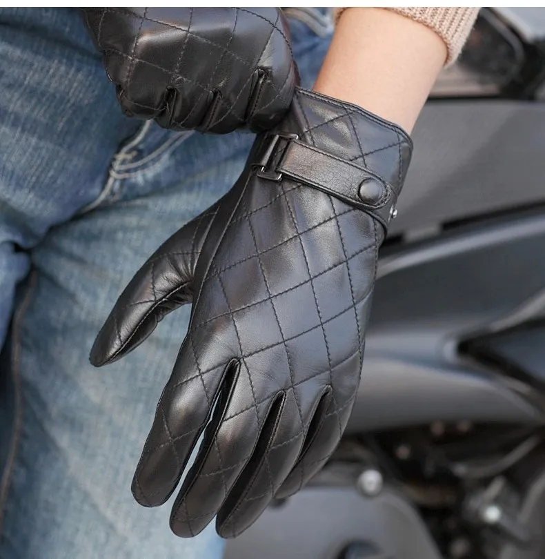 Черный Для мужчин сенсорный кожаные перчатки ромбовидная решетка зима теплая овчина водительские перчатки высокое качество пять пальцев