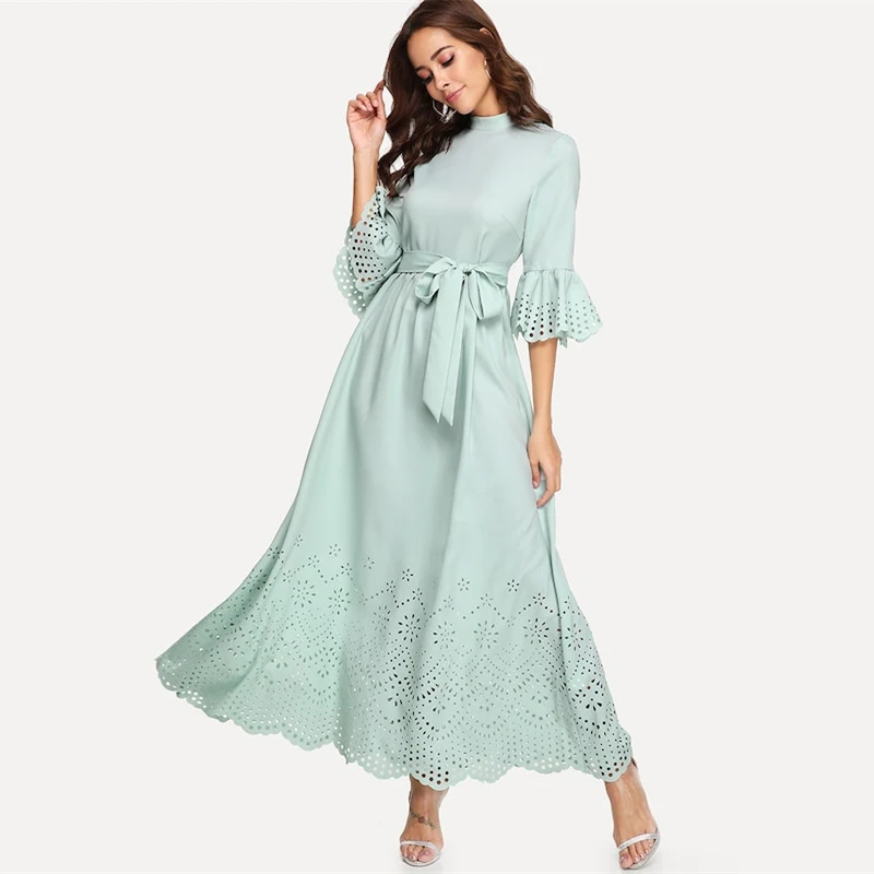 Sheinside, ажурное платье с коротким рукавом,, летнее, элегантное, с воланом, рукав, сплошное, макси платье, с высокой талией, ТРАПЕЦИЕВИДНОЕ ПЛАТЬЕ