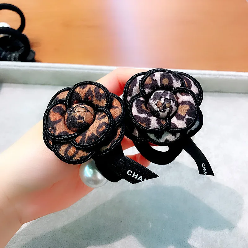 

Korea Handmade Leopard print Camellia Pearl Adult Women Elastic Hair Band Head wear Accessory Fall Winter-YHAWEHB088C5