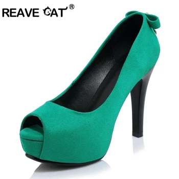 

REAVE CAT Shoes for woman High heel Women's pumps Flock Peep toe Crystal Platform Leaf Fashion Black Red Green Plus size A2054