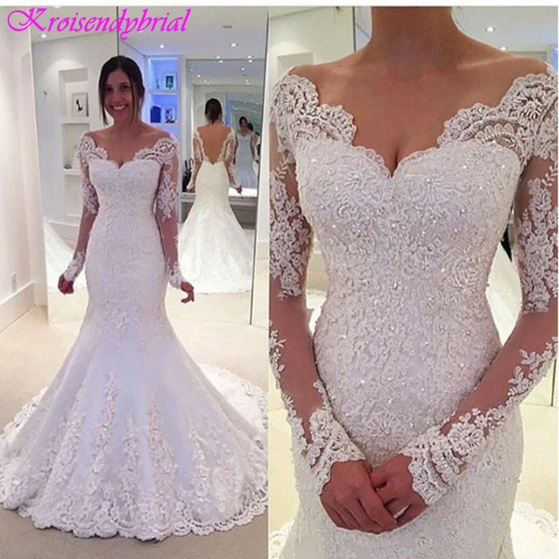 

QFS068 Vestidos De Noiva Custom Wedding Dress Mermaid Lace Long Sleeves V Neck Dresses Wedding Elegant robe de mariage 2019