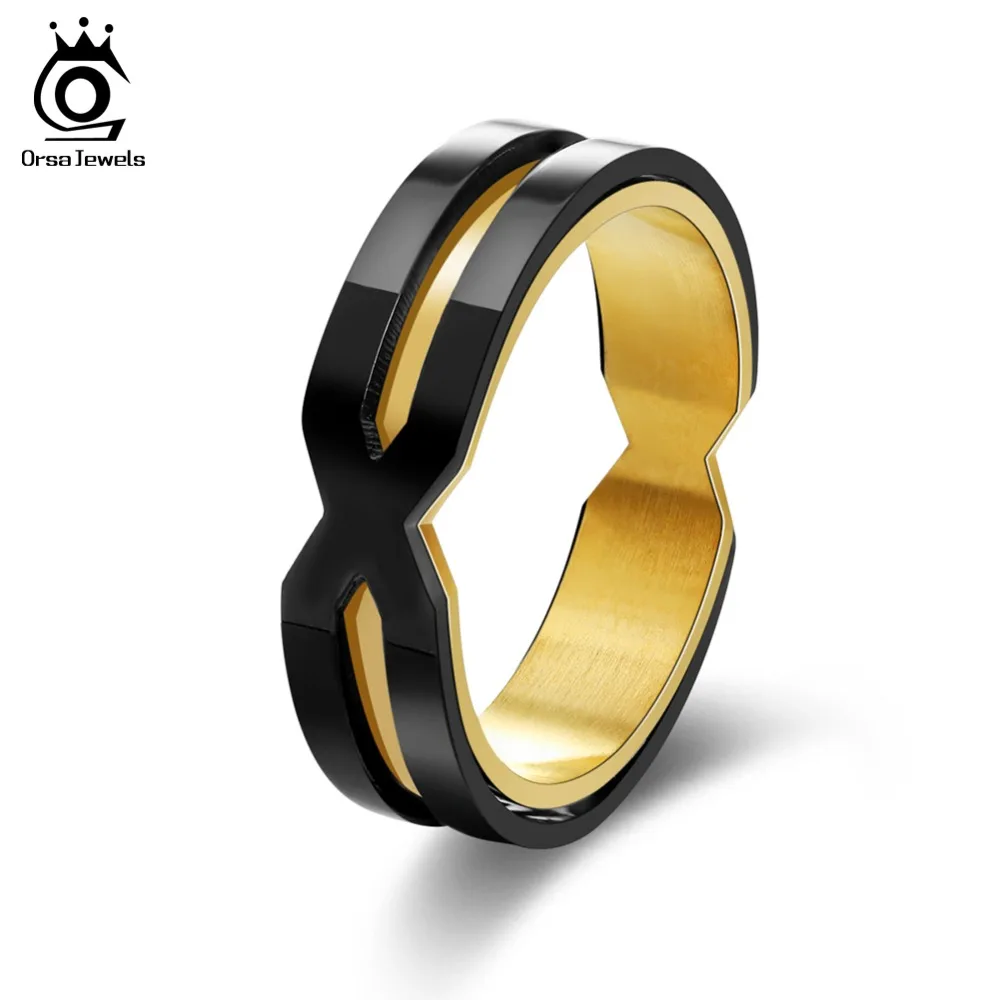 

ORSA JEWELS Women Ring 316L Stainless Steel Gold-color Black Color Punk Style Surface Width 5MM Unisex Party Ring Jewelry AGTR30