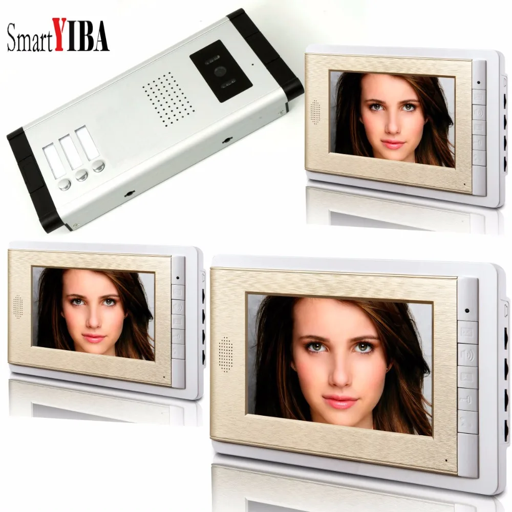 SmartYIBA 7\ Video Intercom Doorbell Apartment Door Phone + 3 Monitors IR Camera for 3 Family
