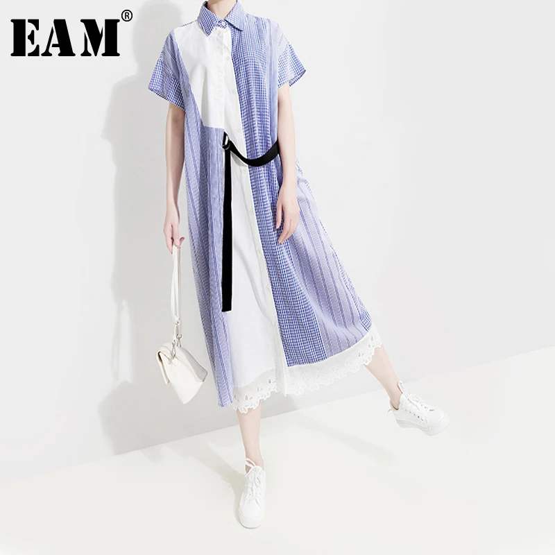 

[EAM] 2019 New Spring Summer Lapel Short Sleeve Blue Plaid Mesh Hem Lace Split Joint Loose Shirt Dress Women Fashion Tide JU286
