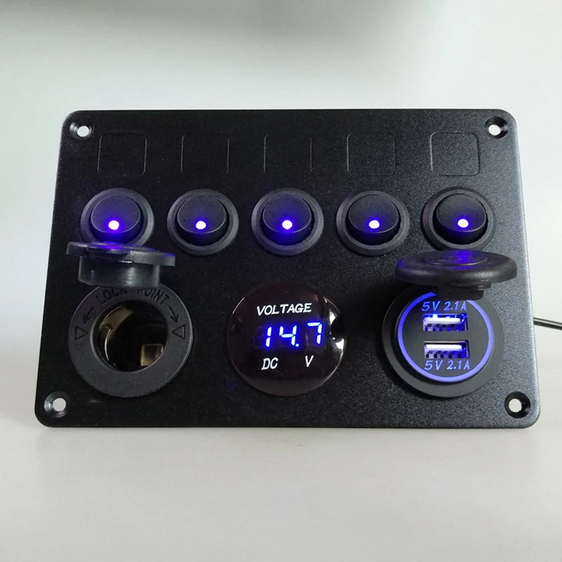 Caixa de Fusível Inline Gang Azul Rocker Switch Painel Voltímetro Dupla Usb Carregador Tomada 12 v 24 Veículo Iate Navio Carro Barco Marinho 5 Led 15 Chaves do carro e relé