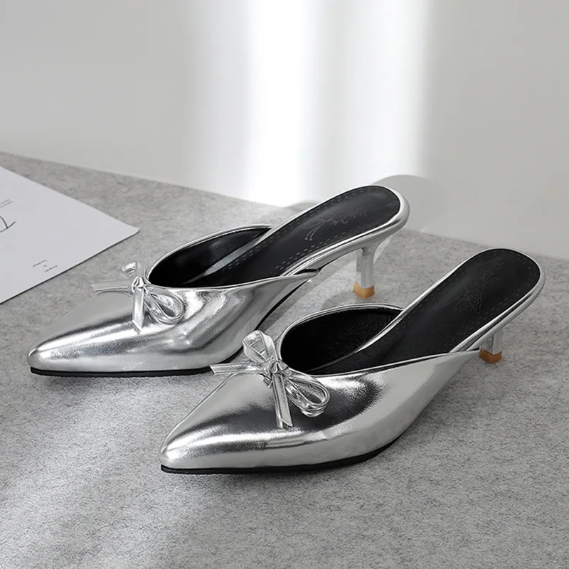 Г., новые дизайнерские тапочки женские туфли-сабо из лакированной кожи с узлом-бабочкой, на высоком каблуке, без шнуровки, с острым носком - Цвет: Silvery
