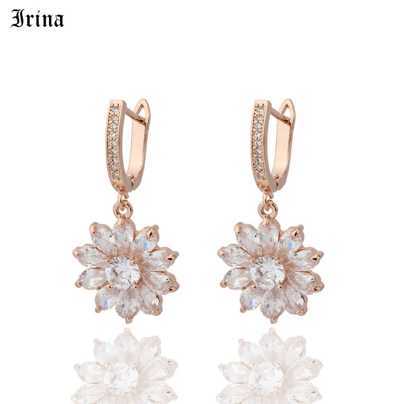 

Irina Free Shipping Wholesale Delicate Flower Rose Gold-Color Clear Round Cubic Zirconia Drop Earrings For Women No Nickel