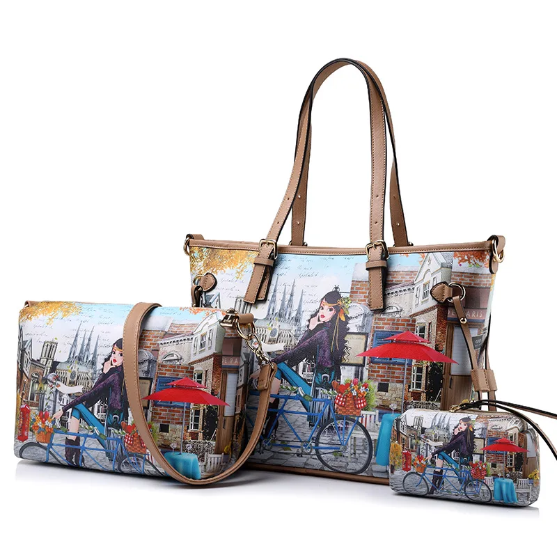 

REALER brand women handbag 3 sets vintage printed tote bag large shoulder bags ladies purses ladies messenger bags