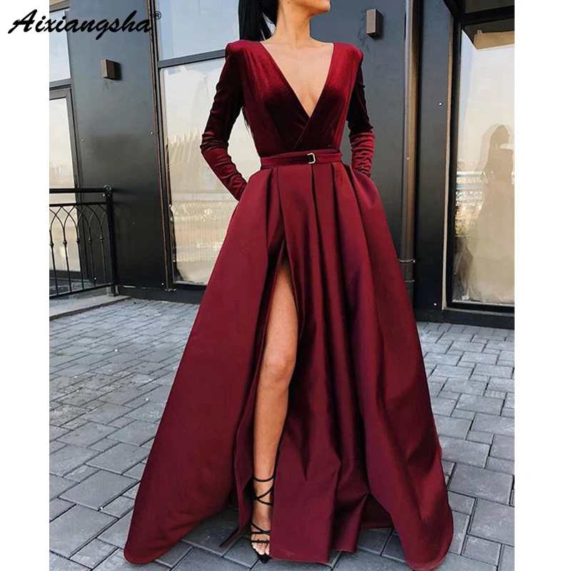 

Burgundy Muslim Evening Dresses 2018 A-line V-neck Satin Long Sleeves Slit Dubai Saudi Arabic Long Evening Gown Formal Dress