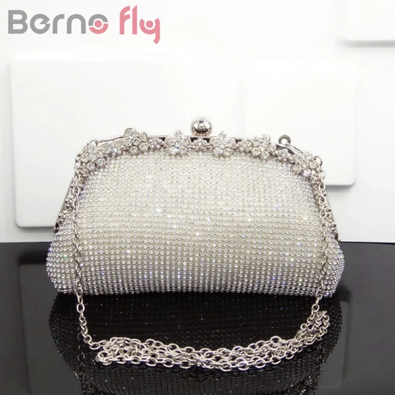 

Berno fly New Diamonds Chain Evening Bag Black Silver Gold Wedding Bags For Bride Women Messenger Party Handbag Elegant Clutch