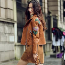 Women Real leather jackets Printed Embroidery real leather jacket Spring autumn sheepskin
