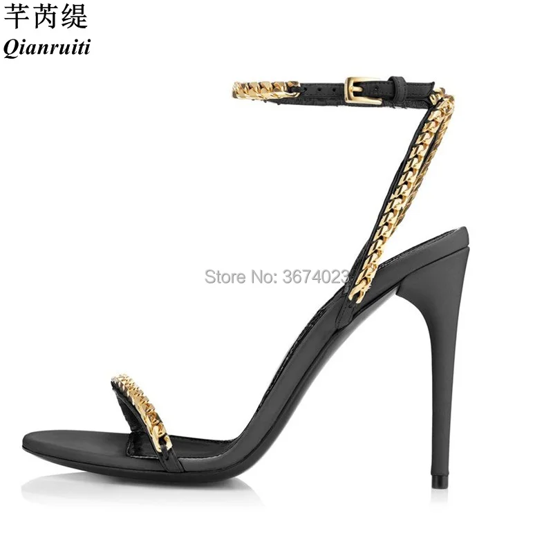 

Qianruiti 2018 Shoes Women Gold Chain Sandals Ankle Strap High Heels Black White Open Toe Stiletto Heels Summer Women's Sandals