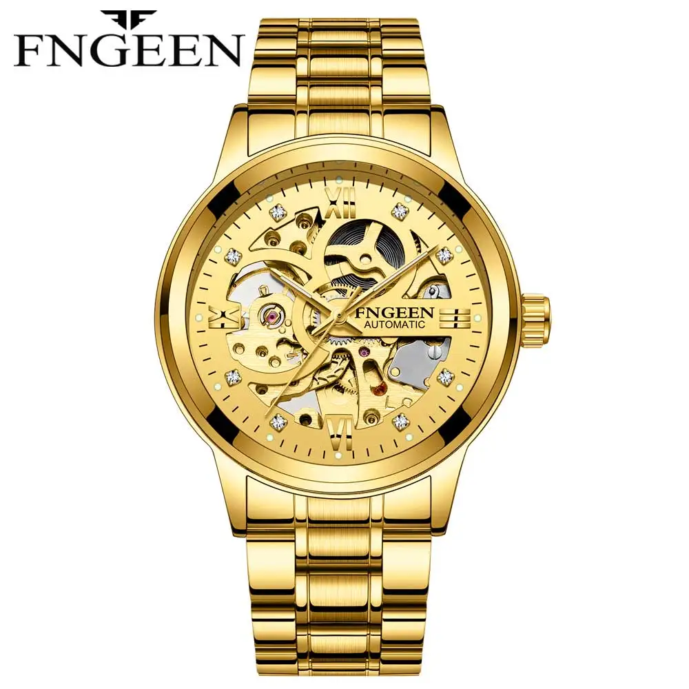 

FNGEEN Mens Watch Mechanical WMen's Watches Watch Menatches Brand Fashion Gold Roman Numerals Watch Business Leather Strap Clock