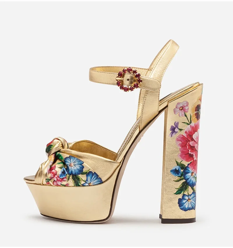 

2019 New Sandals Female Crystal Buckle Butterfly-knot Gold Shoes Flower Print Platform Pumps Ethnic Banquet Thick Heel Shoes