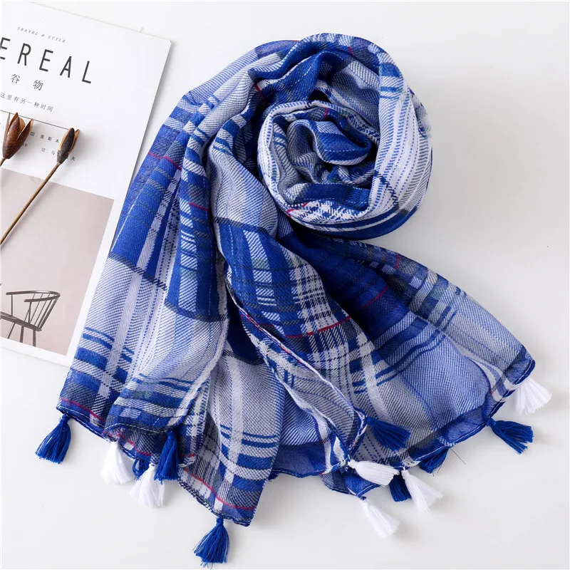 KYQIAO women blue plaid scarf female autumn spring Japanese style fresh