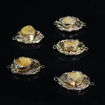 

5pcs,Gold Copper Wire Wrapped with Yellow Titanium Agates Geode Slice nugget Connector,Natural Quartz Bird Nest Slab Pendant