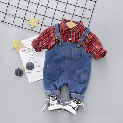 Toddler Boys Girl Clothing Sets Plaid Shirt+ Bib Jeans Suit For Baby Spring Fall Cotton Girls Infant Clothing 1 2 3 4 Years - Цвет: Red no Shoes