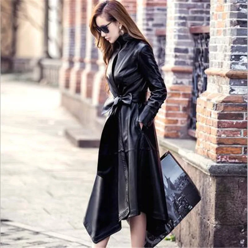 Женские Длинные куртки и пальто из искусственной кожи с поясом, женские модные куртки с неровным подолом из искусственной овечьей кожи высокого качества A3640 - Цвет: black
