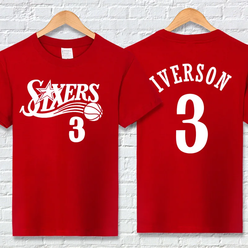 Летние Айверсон «76» хлопковая футболка 3 Письмо Ptinted короткий рукав для игры в баскетбол, половина рукава Свободный тренировочный костюм