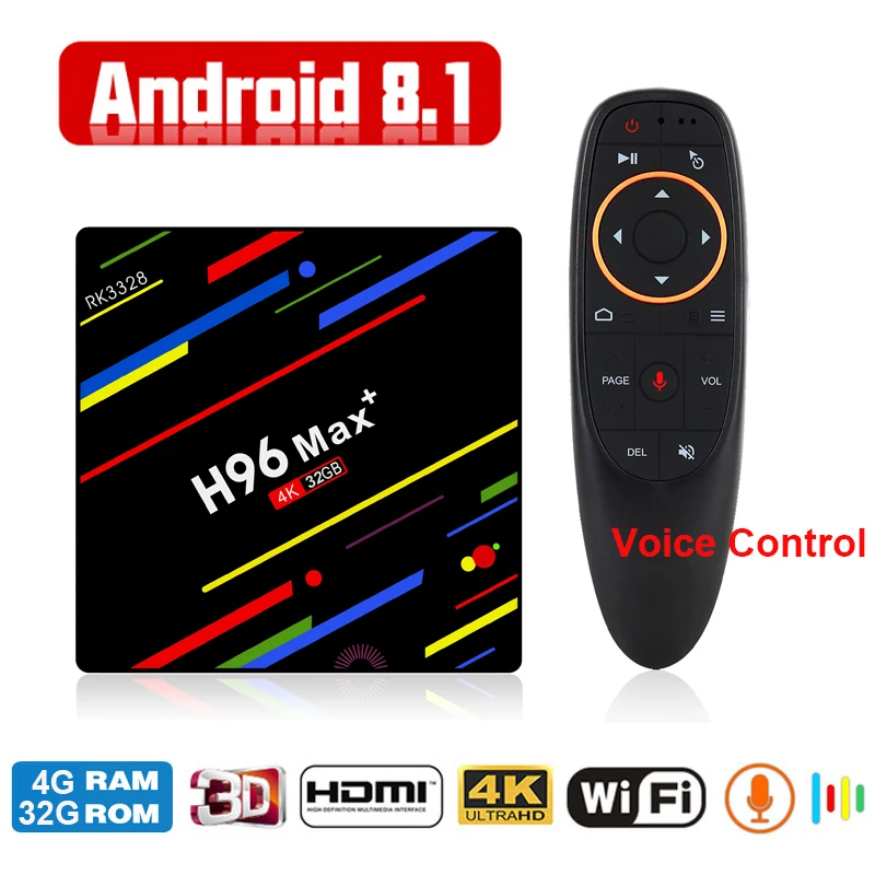 

H96 MAX Plus Android 8.1 TV Box 2018 RK3328 4G 32G WiFi Bluetooth USB3.0 Media Player 4K HD Smart Set Top Box with Voice Control