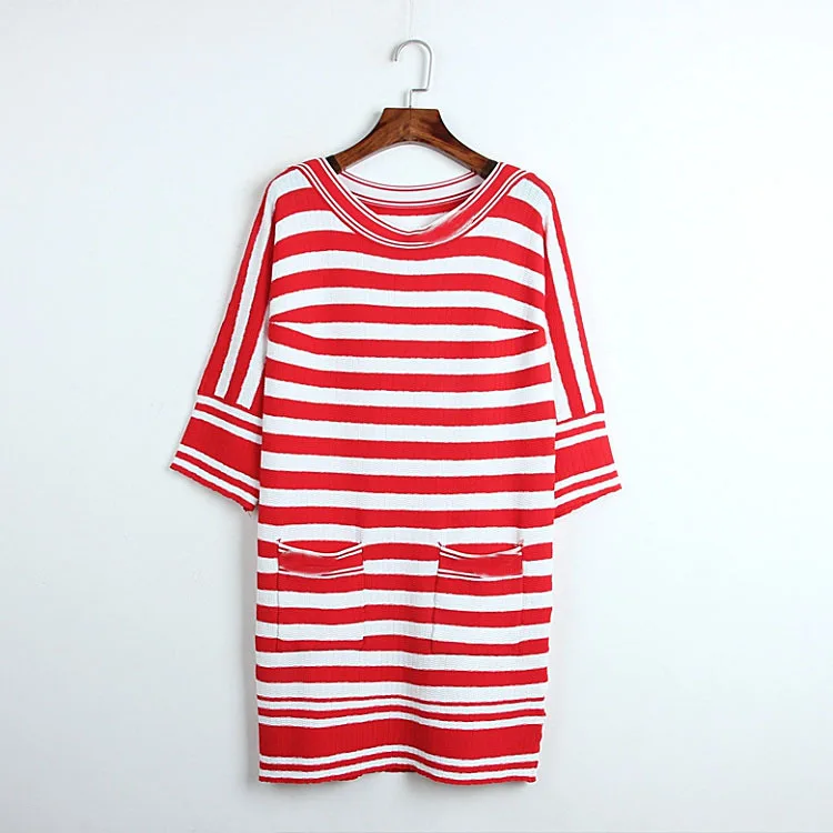 

Slash Neck 2019 New Spring Knitted Striped Dress Women 3/4 Sleeve Runway Designer Loose Sleeve Dress Elegant Pleated Vestidos