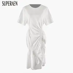 SuperAen нерегулярное летнее женское платье Новинка 2019 темперамент модное женское платье хлопок короткий рукав Повседневная Женская одежда