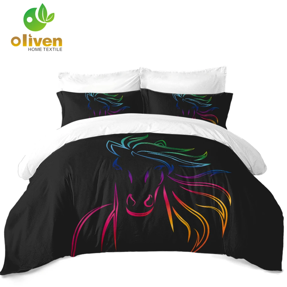 

Colorful Horse Bedding Set Sparkling Horse Painted Duvet Cover Set Kids Cartoon Bedding Polyester Bedclothes Pillowcase 3Pcs D30