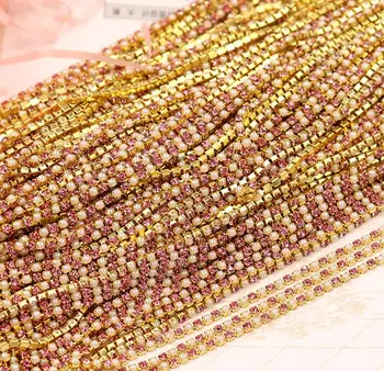 

10Meter 2mm Pearl Pink Rhinestones Gold Plated Flatback Ribbon Chain Trim For Sewing Craft Diy