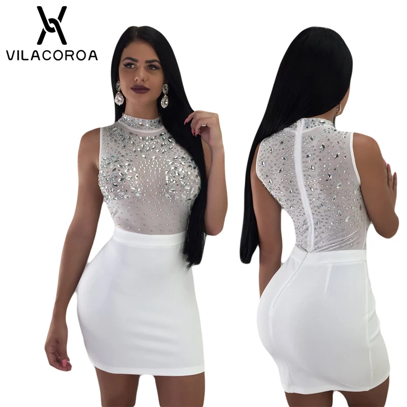 

NEW Sexy Solid Sleeveless Round Neck Diamond Women's Dresses Vestidos Package Hip Tight Dress For Women Mini Party Dress vestido