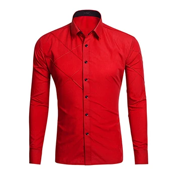 Новинка, приталенная повседневная мужская рубашка, Классическая однотонная рубашка, стильная рубашка с длинным рукавом, Camisa Masculina, свадебные рубашки для мужчин, Camisas - Цвет: Red