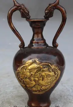 

Chinese Bronze Gilt Double Dragon Beast Statue Zun Cup Bottle Pot Vase Sculpture