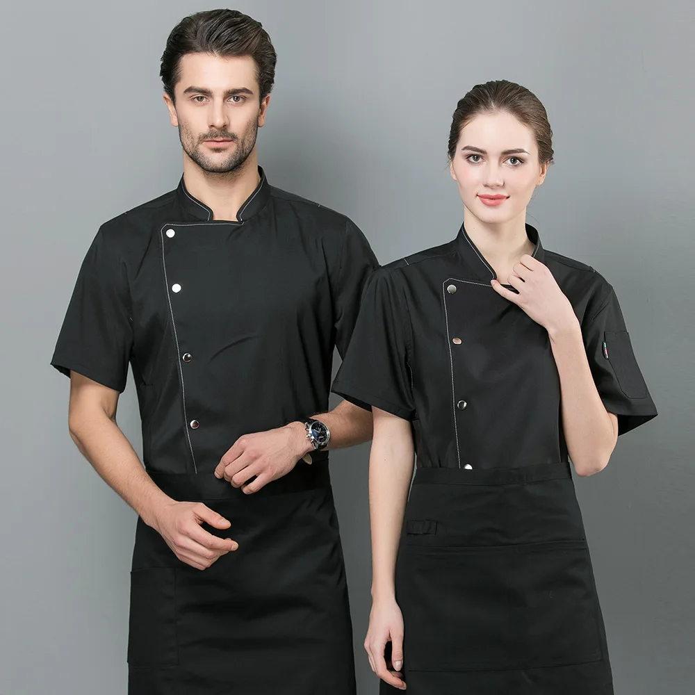 unisex Short sleeved cooker Work shirts Double Breasted Restaurant Kitchen Chef Jackets black and white hotel catering workwear