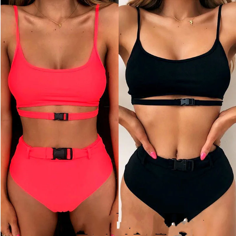 

Womens Strap Buckle High Waist Bikini Set Push Up Swimsuit Bathing Suit Swimwear Two-Piece Solid Suits