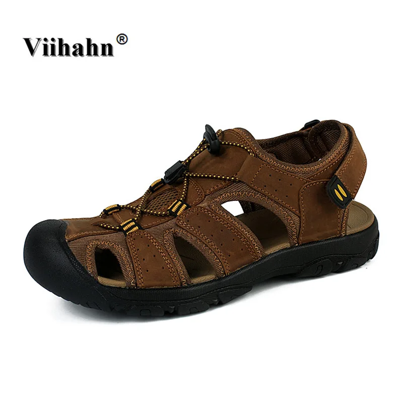 

Viihahn Men's Sandals Summer Casual Shoes Hook Toe Protect Genuine Leather Rubber Sole Water Beach Flat Shoes Slippers