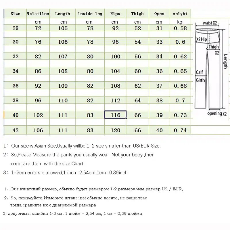 Designer Jean Size Chart