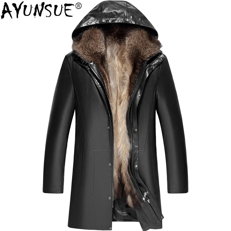 AYUNSUE 2018 пояса из натуральной кожи куртка для мужчин зима овчины пальто для настоящий Енот Мех животных лайнер длинные Chaqueta Cuero Hombre KJ1250