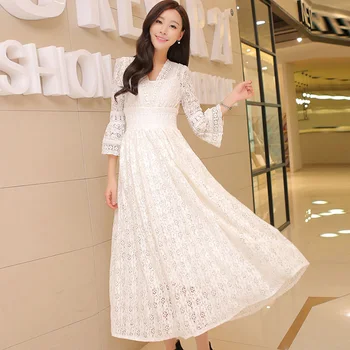 

2018 Spring Lace White Long Dress Fashion V-Neck Flare Sleeve Women Dress Sweet Two Pieces Beach Female Dress Vestidos YP0844