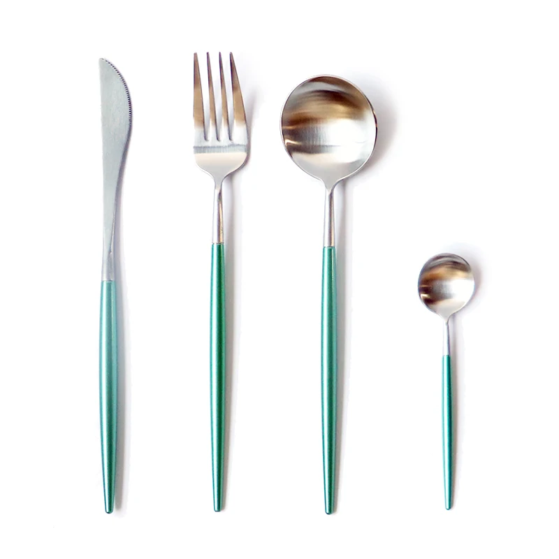 

New Green silver Dinnerware Set 304 Stainless Steel Western Cutlery Set Kitchen Food Steak Tableware Dinner Fork Spoon Knife Set