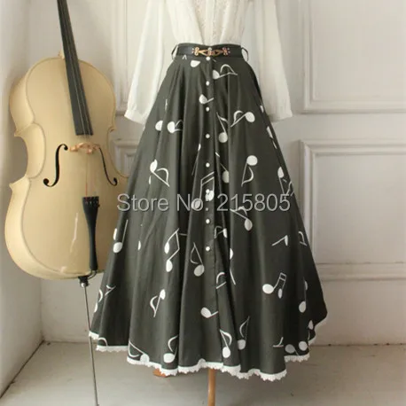 

2016 Fashion Cutomized Fabric 100% Cotton musical note Print Pleated Skirts Long Elegant Black Button Large Hem Skirts