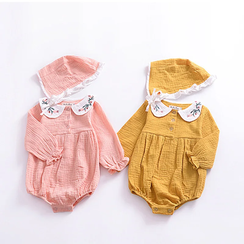 Baby Bodysuit Winter 2018 Embroidery Peter Pan Collar Baby Onesie Sweet Girls Long Sleeve Infant Jumpsuit with Hat Baby Clothing