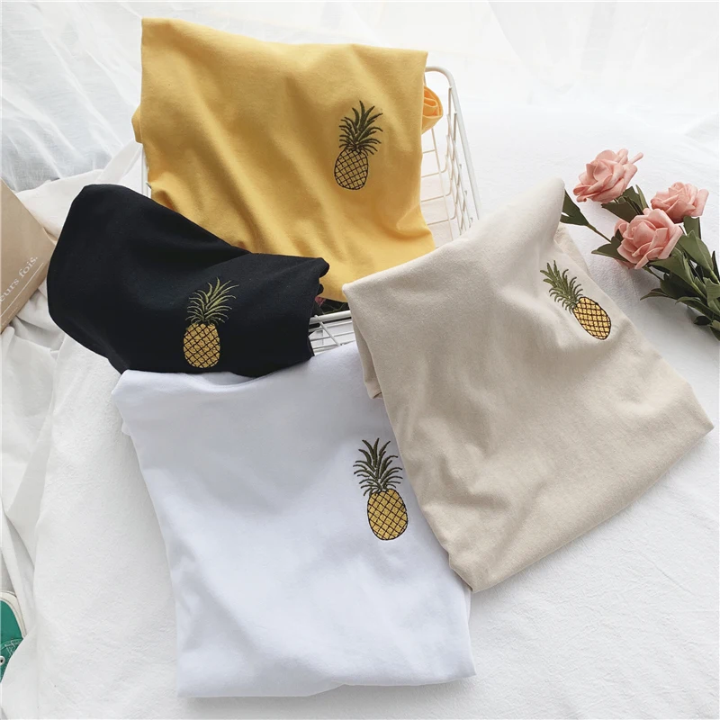 تي شيرت النساء الأناناس التطريز المتناثرة الحلو الفتيات بسيطة كل مباراة Ulzzang T قميص الكورية الصيف جديد الأبيض المحملة قميص قمم